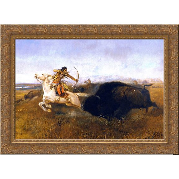 Indians Hunting Buffalo 24x18 Gold Ornate Wood Framed Canvas Art by Charles M. Russell