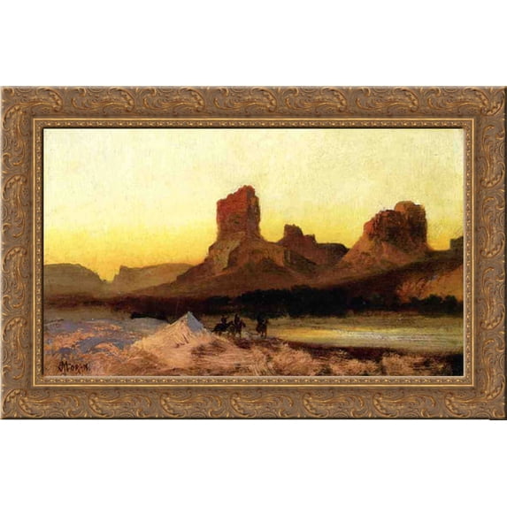 Indians at the Green River 24x17 Gold Ornate Wood Framed Canvas Art by Moran, Thomas