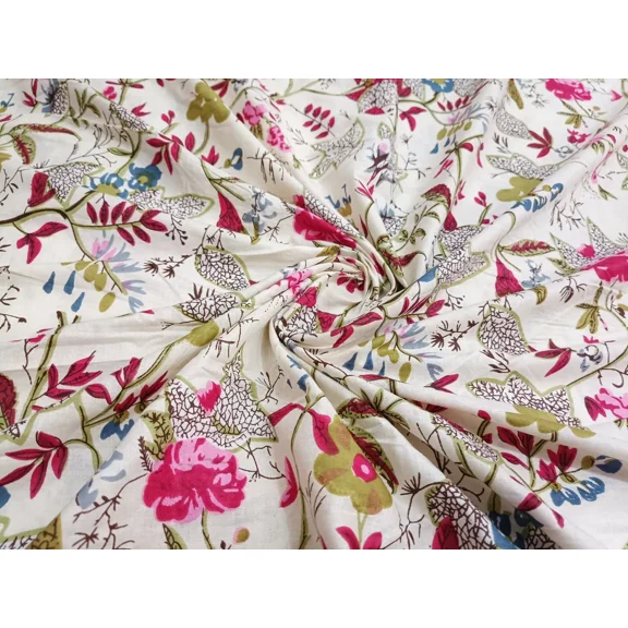 Indianshoppers Indian Beige Cotton Floral Paradise Print Upholstery Fabric Handmade Running Art