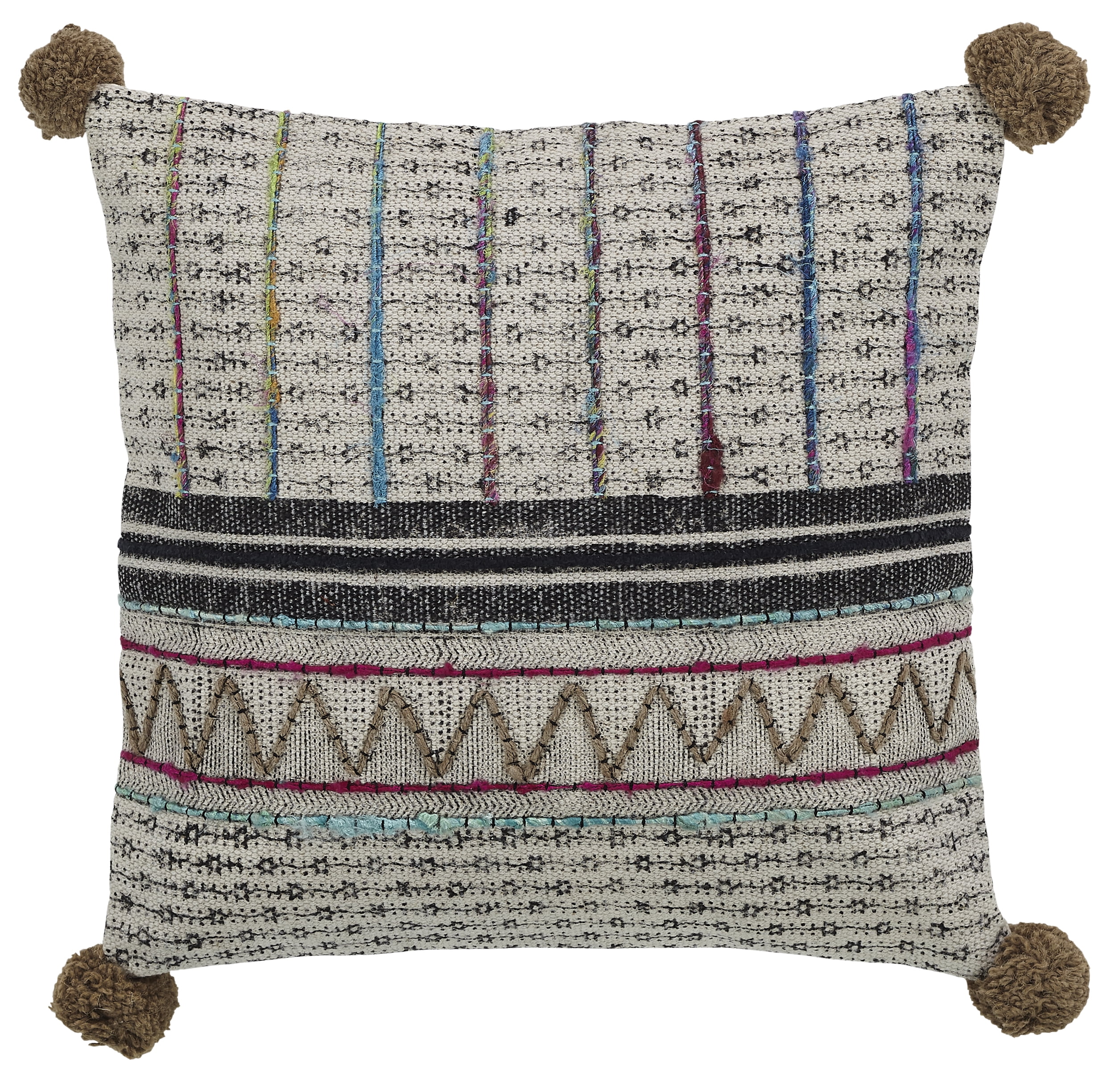 Natural Geometric Embroidered Square Cotton Pillow with Pom-Poms