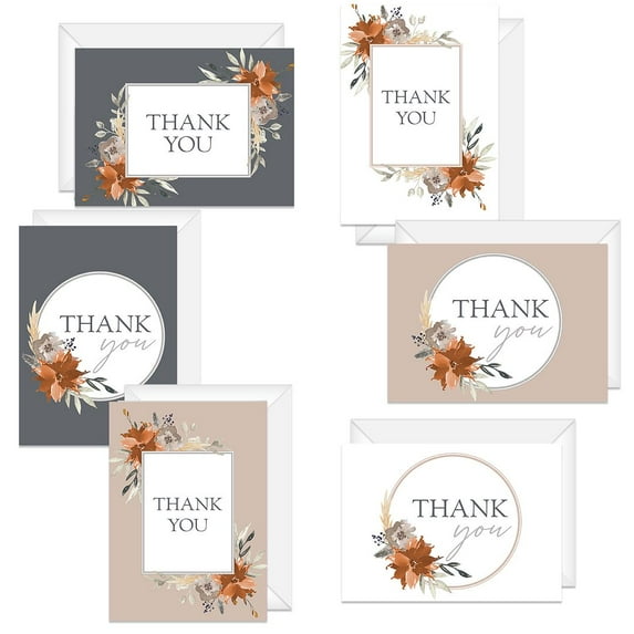 Indie Autumn Floral Thank You / 24 Cards, Six Designs / Boho Gray And Orange Floral