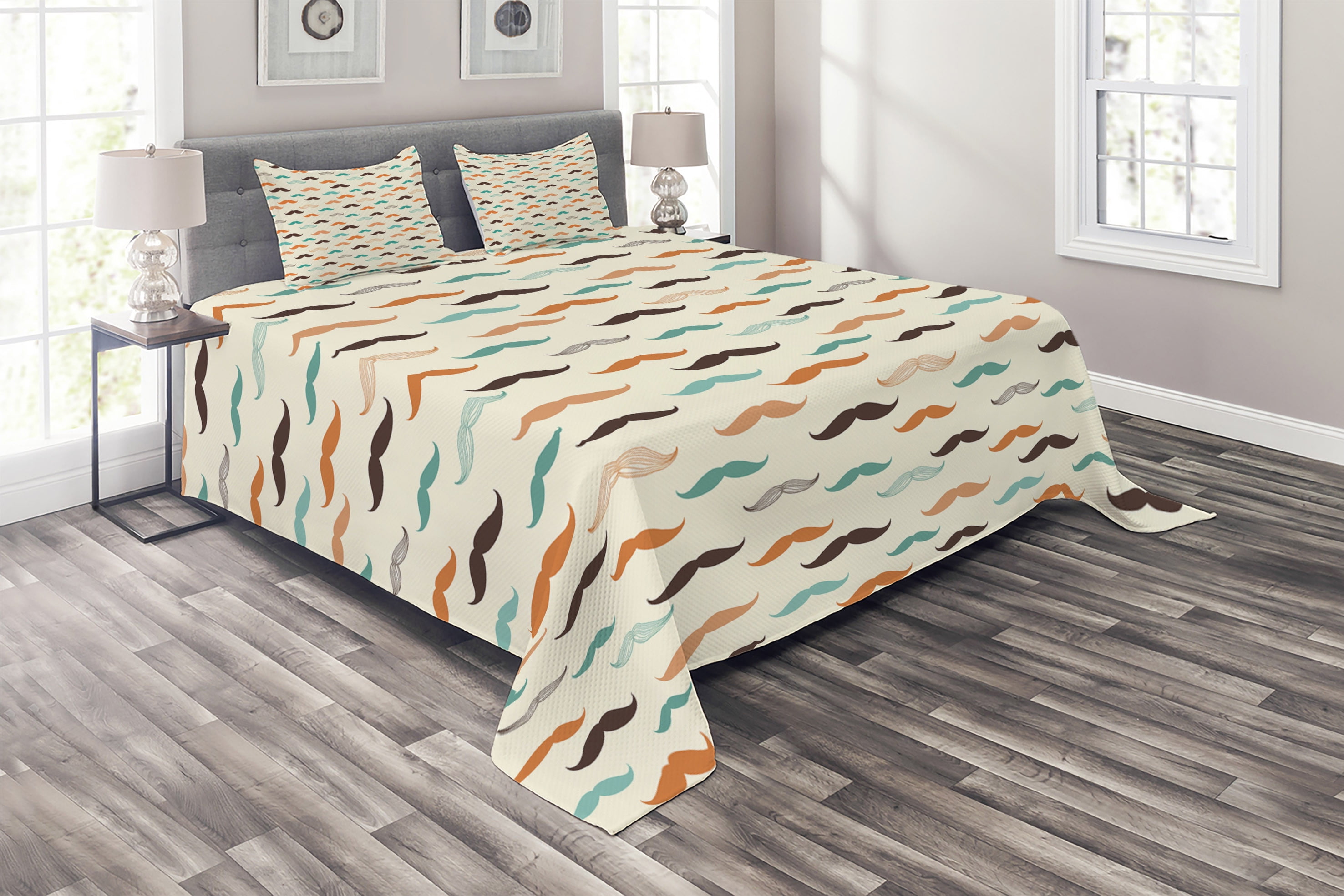 Indie Coverlet, Retro Mustache Pattern in Colorful Design Curly Shapes