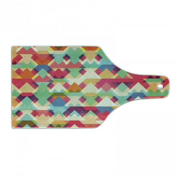 Indie Cutting Board, Abstract Vibrant Colorful Triangles Overlap Geometric Design with Display, Decorative Tempered Glass Cutting and Serving Board, Wine Bottle Shape, Multicolor, by Ambesonne