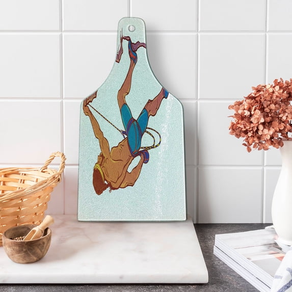 Indie Cutting Board, Athletic Man Climbing up the Cliff Rocky Mountain Professional Summer Sports, Tempered Glass Cutting and Serving Board, Wine Bottle Shape, Blue Mauve Ginger, by Ambesonne