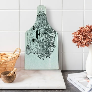 Indie Cutting Board, Doodle Style Sketch Bear Portrait with Curly Beard and Mustache Cool Animal, Decorative Tempered Glass Cutting and Serving Board, Wine Bottle Shape, Black White, by Ambesonne