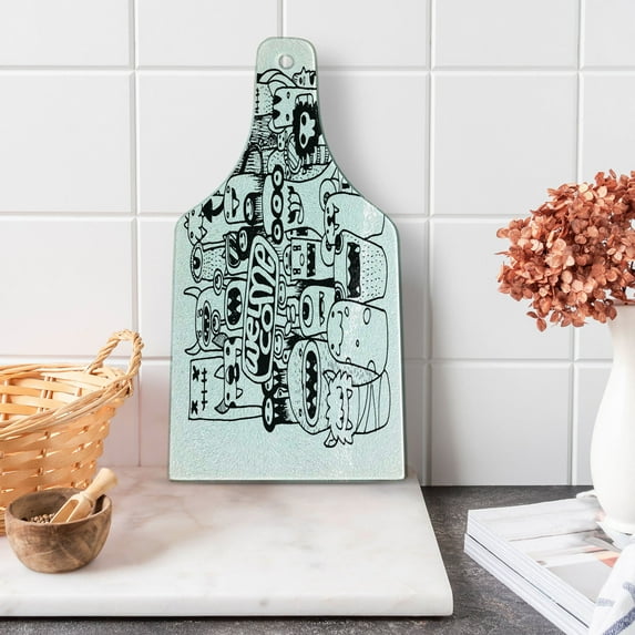 Indie Cutting Board, Hand Drawn Doodle Style Cartoon Monsters Welcoming Community Funny Crazy, Decorative Tempered Glass Cutting and Serving Board, Wine Bottle Shape, Black and White, by Ambesonne