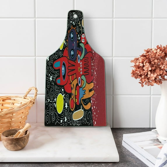 Indie Cutting Board, Monster City Theme Funny Characters with Speech Bubbles Floral Swirls Hearts Stars, Tempered Glass Cutting and Serving Board, Wine Bottle Shape, Multicolor, by Ambesonne
