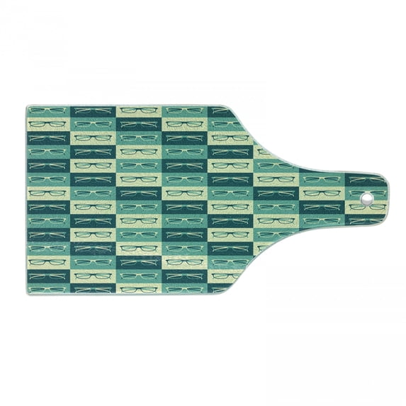 Indie Cutting Board, Pattern with Eyeglasses in Vintage Style Hipster Cool Design Modern, Decorative Tempered Glass Cutting and Serving Board, Wine Bottle Shape, Petrol Blue Turquoise, by Ambesonne