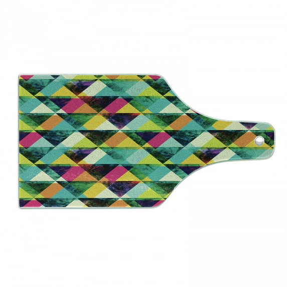 Indie Cutting Board, Watercolor Triangles Pattern Modern Vibrant Colorful Geometric Grunge Abstract Design, Tempered Glass Cutting and Serving Board, Wine Bottle Shape, Multicolor, by Ambesonne