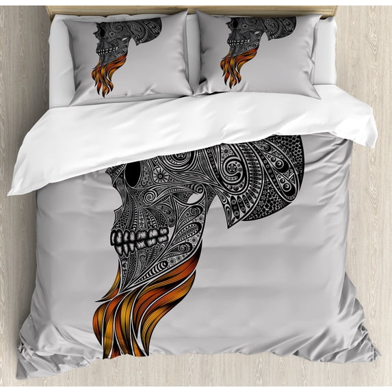 Indie Duvet Cover Set, Abstract Skull with Floral Ornaments and Red Beard Patterns Punk, Decorative 3 Piece Bedding Set with 2 Pillow Shams, King Size, Black Pale Grey Orange, by Ambesonne