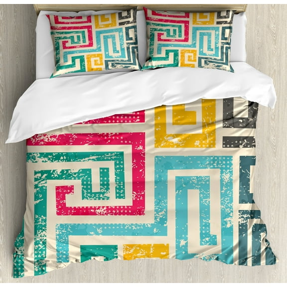 Indie Duvet Cover Set, Colorful Vintage Spiral Pattern with Grunge Damaged Effect Geometric Abstract Design, Decorative 3 Piece Bedding Set with 2 Pillow Shams, Queen Size, Multicolor, by Ambesonne