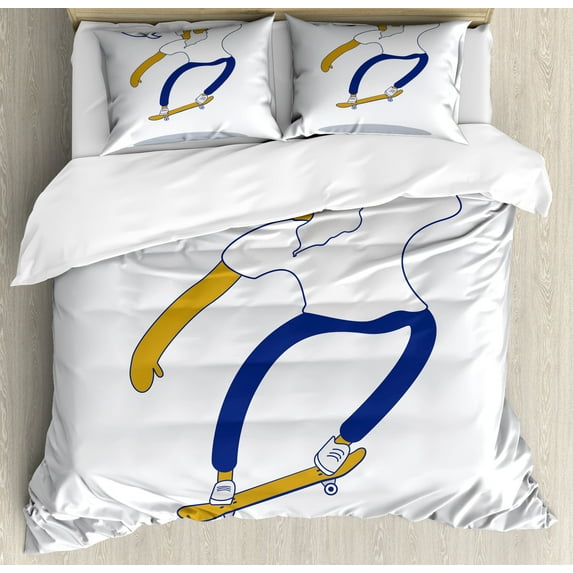 Indie Duvet Cover Set, Cool Hipster Old Man on Skateboard with Beard Sunglasses Urban Character, Decorative 3 Piece Bedding Set with 2 Pillow Shams, Calking Size, Pale Coffee Blue White, by Ambesonne