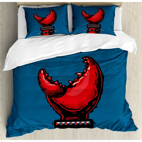 Indie Duvet Cover Set, Crab Claw with Spiky Wristbands Heavy Rock Live Music Performance Inscription Art, Decorative 3 Piece Bedding Set with 2 Pillow Shams, Queen Size, Blue Red Black, by Ambesonne