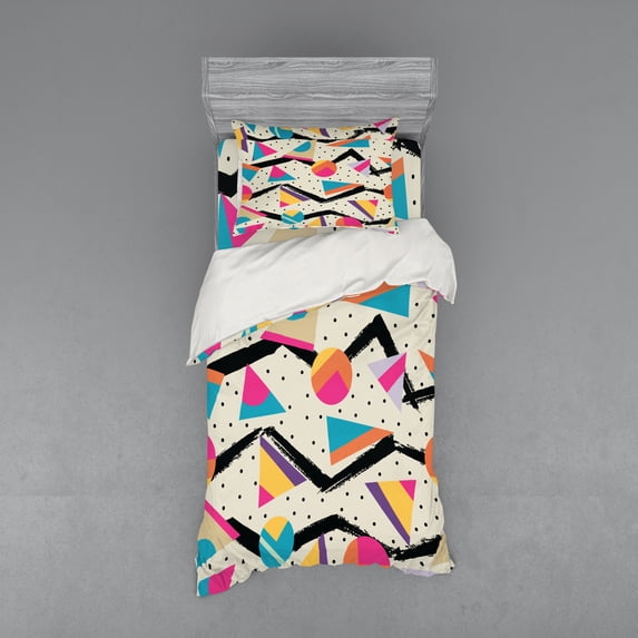 Ambesonne Indie Bedding Set 3 Pcs, 80s Funky Memphis Fashion, Twin, Multicolor