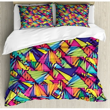 Indie Duvet Cover Set, Geometrical Hipster Pattern with Triangles Vibrant Optical Illusion Abstract, Decorative 3 Piece Bedding Set with 2 Pillow Shams, Calking Size, Multicolor, by Ambesonne