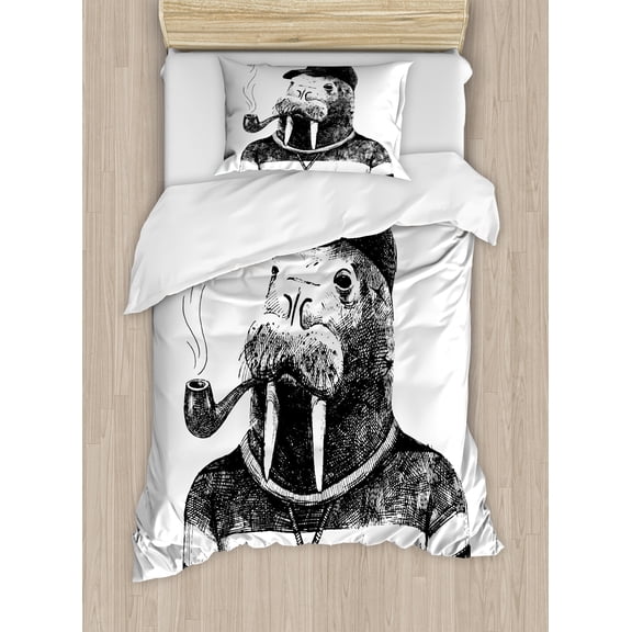 Indie Duvet Cover Set, Hand Drawn Dressed up Walrus Animal Long Teeth Smoking Antromorphic Sketch Art, Decorative 2 Piece Bedding Set with 1 Pillow Shams, Twin Size, White Black, by Ambesonne