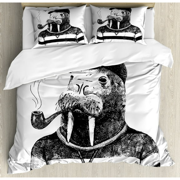 Indie Duvet Cover Set, Hand Drawn Dressed up Walrus Animal Long Teeth Smoking Antromorphic Sketch Art, Decorative 3 Piece Bedding Set with 2 Pillow Shams, Calking Size, White Black, by Ambesonne