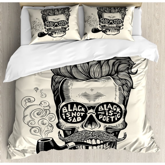 Indie Duvet Cover Set, Hipster Gentleman Skull with Mustache and Eyeglasses with Inscription Vintage, Decorative 3 Piece Bedding Set with 2 Pillow Shams, Queen Size, Black Cream, by Ambesonne