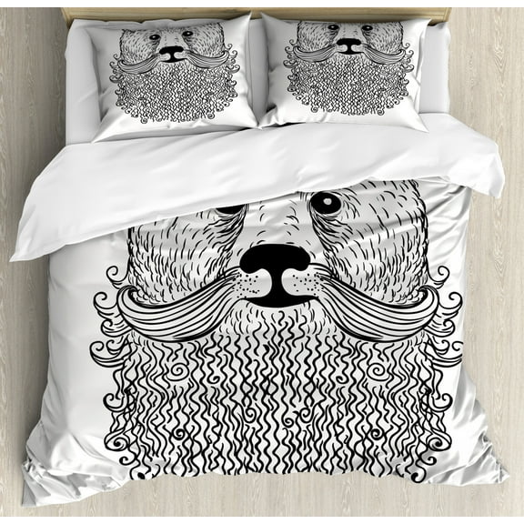 Indie Duvet Cover Set King Size, Doodle Style Sketch Bear Portrait with Curly Beard and Mustache Cute Cool Animal, Decorative 3 Piece Bedding Set with 2 Pillow Shams, Black White, by Ambesonne