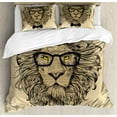 thumbnail image 1 of Indie Duvet Cover Set, Lion Character Portrait with Glasses and Bowtie Hipster Smart Cool Dandy, Decorative 3 Piece Bedding Set with 2 Pillow Shams, Calking Size, Sand Brown Black Yellow, by Ambesonne, 1 of 3