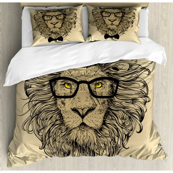 Indie Duvet Cover Set, Lion Character Portrait with Glasses and Bowtie Hipster Smart Cool Dandy, Decorative 3 Piece Bedding Set with 2 Pillow Shams, Calking Size, Sand Brown Black Yellow, by Ambesonne