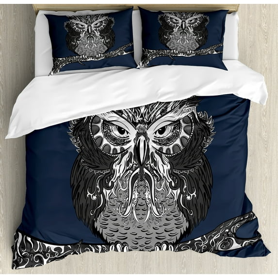 Indie Duvet Cover Set, Owl with Vintage Style Ornaments Wisdom Creature of Night, Decorative 3 Piece Bedding Set with 2 Pillow Shams, Calking Size, Charcoal Grey Dark Blue, by Ambesonne