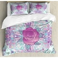 thumbnail image 1 of Indie Duvet Cover Set, Psychedelic Mandala Inspired Round Rose 80s 90s Retro Vintage Vibrant, Decorative 3 Piece Bedding Set with 2 Pillow Shams, Calking Size, Pale Blue Lavender, by Ambesonne, 1 of 3