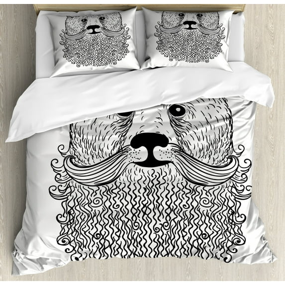 Indie Duvet Cover Set Queen Size, Doodle Style Sketch Bear Portrait with Curly Beard and Mustache Cute Cool Animal, Decorative 3 Piece Bedding Set with 2 Pillow Shams, Black White, by Ambesonne