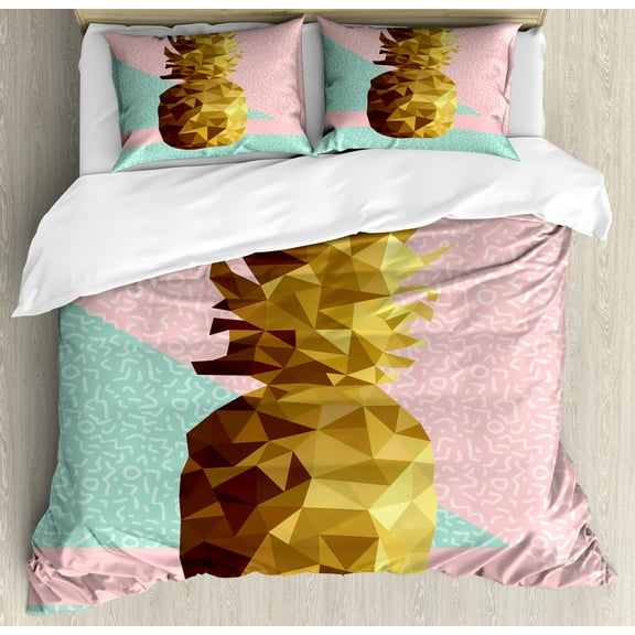 Indie Duvet Cover Set, Retro Summer Concept Pineapple Fruit in Poly Design Memphis, Decorative 3 Piece Bedding Set with 2 Pillow Shams, King Size, Mint Green Pale Brown, by Ambesonne