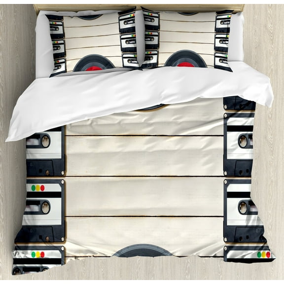 Indie Duvet Cover Set, Top View of Audio Cassettes Gramophone Records Retro Retro Music Theme, Decorative 3 Piece Bedding Set with 2 Pillow Shams, King Size, Black White Cream, by Ambesonne