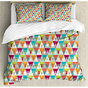 Indie Duvet Cover Set, Triangles Pattern with Deer Elk Portraits Geometric Colorful Funky Hipster Tile Urban, Decorative 3 Piece Bedding Set with 2 Pillow Shams, Calking Size, Multicolor, by Ambesonne