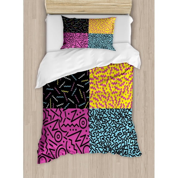 Indie Duvet Cover Set Twin Size, Vintage Eighties Fashion Style Patterns Colorful Funky Pop Unusual Doodles Print, Decorative 2 Piece Bedding Set with 1 Pillow Sham, Multicolor, by Ambesonne