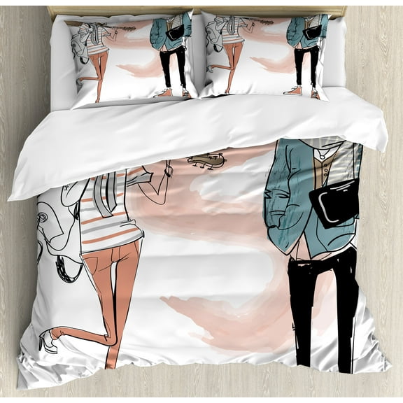 Indie Duvet Cover Set, Urban Cat Dog Characters Musician Guitarist Intellectual Boy Girl, Decorative 3 Piece Bedding Set with 2 Pillow Shams, King Size, Slate Blue Pale Pink, by Ambesonne