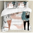 thumbnail image 1 of Indie Duvet Cover Set, Urban Cat Dog Characters Musician Guitarist Intellectual Boy Girl, Decorative 3 Piece Bedding Set with 2 Pillow Shams, Queen Size, Slate Blue Pale Pink, by Ambesonne, 1 of 3
