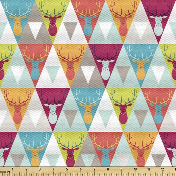 Ambesonne Indie Fabric by the Yard Upholstery, Triangles with Deer Heads, 10 Yards, Multicolor
