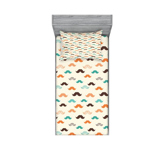 Indie Fitted Sheet & Pillow Sham Set, Retro Mustache Pattern in Colorful Design Curly Shapes Old Fashioned Print, Decorative Printed 4 Piece Bedding Decor Set, Twinxl, Orange Brown Teal, by Ambesonne