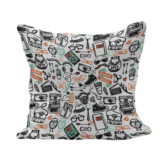 Indie Fluffy Throw Pillow Cushion Cover, Hipster Fashion Themed Pattern Clothing Accessories and Sketchy Art, Decorative Square Accent Pillow Case, 24" x 24", Seafoam Orange Black, by Ambesonne