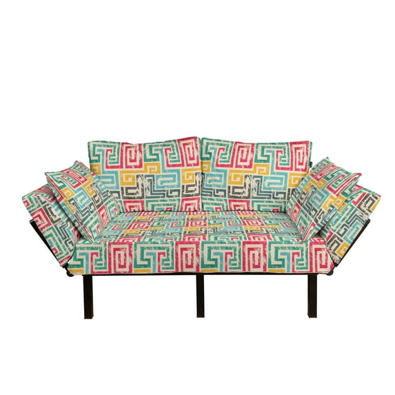 Indie Futon Couch, Colorful Vintage Spiral Pattern with Grunge Damaged Effect Geometric Abstract Design, Daybed with Metal Frame Upholstered Sofa for Living Dorm, Loveseat, Multicolor, by Ambesonne