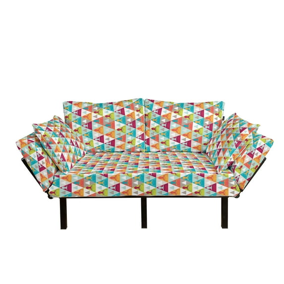 Indie Futon Couch, Triangles Pattern with Deer Elk Portraits Geometric Colorful Funky Hipster Tile Urban, Daybed with Metal Frame Upholstered Sofa for Living Dorm, Loveseat, Multicolor, by Ambesonne