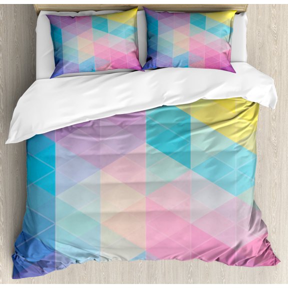 Indie King Size Duvet Cover Set, Abstract Triangles Classical Diamond Line Pattern in Dreamy Colors Artistic Modern, Decorative 3 Piece Bedding Set with 2 Pillow Shams, Multicolor, by Ambesonne
