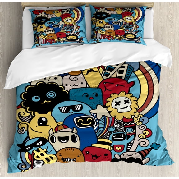 Indie King Size Duvet Cover Set, Cool Funny Cute Crazy Monster Universe Rainbow Stars Clouds Money Symbol Explosion, Decorative 3 Piece Bedding Set with 2 Pillow Shams, Multicolor, by Ambesonne