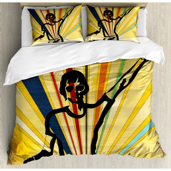 Indie King Size Duvet Cover Set, Retro Style DJ Man on Radial Background Entertainment Nightclub Disco Party Music, Decorative 3 Piece Bedding Set with 2 Pillow Shams, Multicolor, by Ambesonne