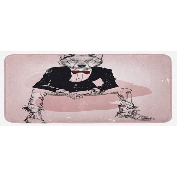 Indie Kitchen Mat, Hipster Portrait of Sitting Wild Wolf Glasses Smart Casual Outfit, Plush Decorative Kitchen Mat with Non Slip Backing, 47" X 19", Pink Burgundy