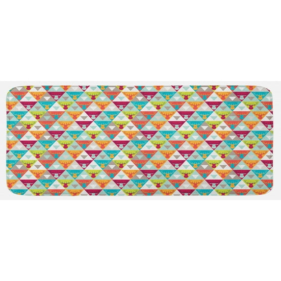 Indie Kitchen Mat, Triangles Pattern with Deer Elk Portraits Geometric Colorful Funky Hipster Tile Urban, Plush Decorative Kitchen Mat with Non Slip Backing, 47" X 19", Multicolor, by Ambesonne