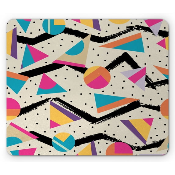 Indie Mouse Pad, Eighties Memphis Fashion Style Geometric Abstract Colorful Design with Dots Funky, Rectangle Non-Slip Rubber Mousepad, Standard Size, Cream Pink, by Ambesonne