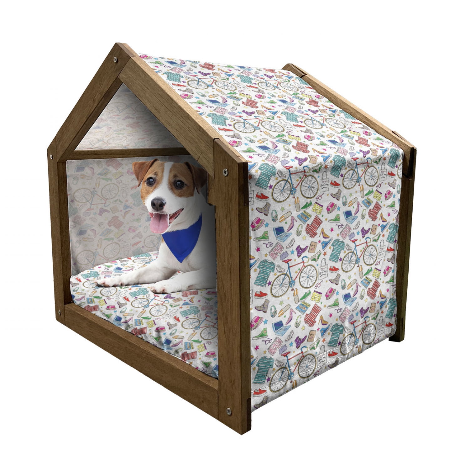 Indie Pet House, Urban Hipster Accessories Pattern Colorful Doodle Clothes  Shoes Computers Bicycles, Outdoor & Indoor Portable Dog Kennel with Pillow