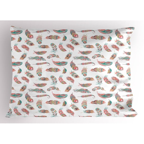 Indie Pillow Sham Ethnic Feathers with Colorful Style Ornaments Bohemian Tribal Print, Decorative Standard Queen Size Printed Pillowcase, 30 X 20 Inches, Turquoise Khaki Pale Pink, by Ambesonne