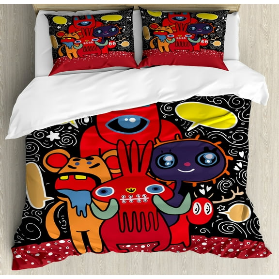 Indie Queen Size Duvet Cover Set, Monster City Theme Funny Characters with Speech Bubbles Floral Swirls Hearts Stars, Decorative 3 Piece Bedding Set with 2 Pillow Shams, Multicolor, by Ambesonne