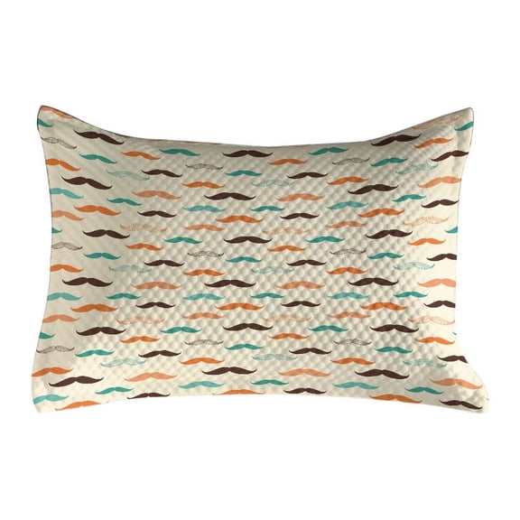 Indie Quilted Pillowcover, Retro Mustache Pattern in Colorful Design Curly Shapes Old Fashioned Print, Standard King Size Accent Pillow Cover Bedroom, 36" x 20", Orange Brown and Teal, by Ambesonne