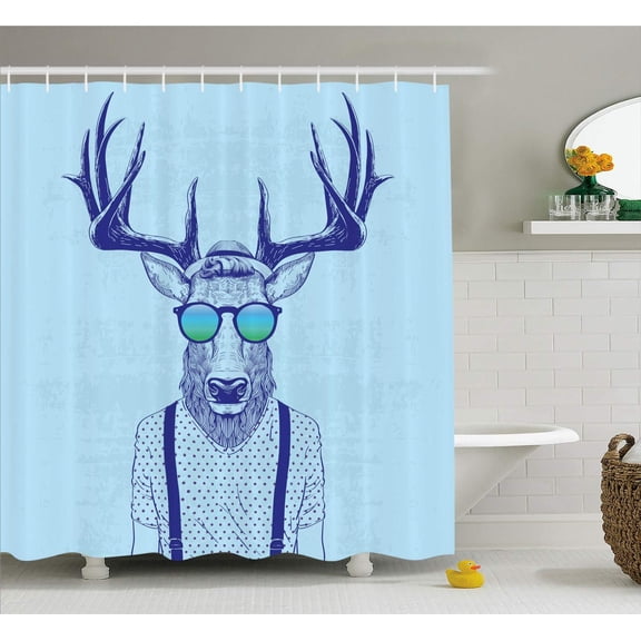 Indie Shower Curtain, Urban Cat Dog Characters Musician Guitarist Intellectual Boy Girl, Cloth Fabric Bathroom Decor Set with Hooks, Slate Blue Pale Pink
